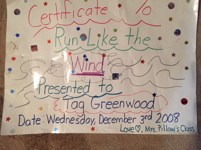 Certificate awarded to Tag by Mrs. Pillow