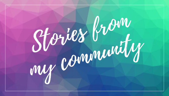 Stories from my community--white text against pink and red geometric background