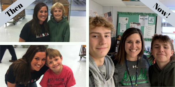 Collage photo of Amanda Bell standing next to Noah and Tommy when they were in Elementary School and now in high school.