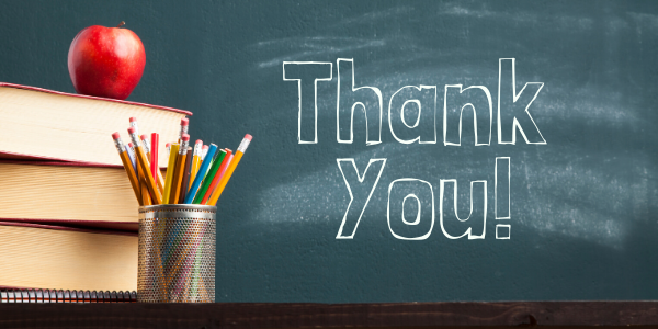 "Thank You" text on a chalkboard next to books, pencil, and an apple