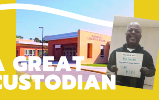 "A Great Custodian" against a picture of Southgate Elementary School and Mr. Owens on yellow background