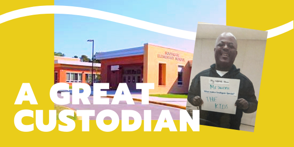 "A Great Custodian" against a picture of Southgate Elementary School and Mr. Owens on yellow background