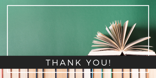 "Thank You" text against a background of books